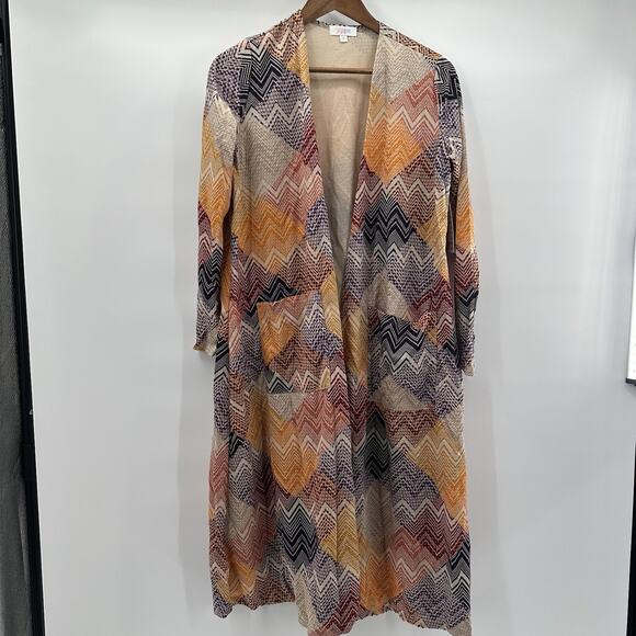 Lularoe Sarah Duster Sweater Womens Medium Multicolor Open Woven Geometric - Picture 1 of 13